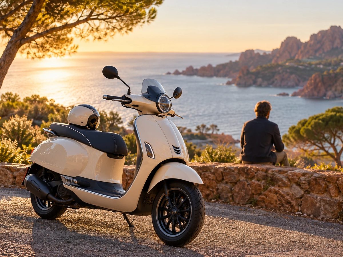 Scooter garé face à la mer, assurance scooter et 125 ASSUDIRE